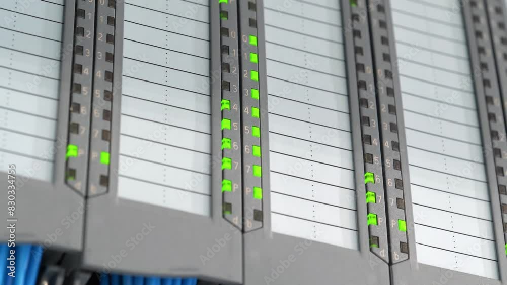 Industrial control systems. Remote IO system. Display of diagnostics, channel states. Electrical equipment and wiring, green flashing LED lights, diodes, indicators. Industrial communication interface