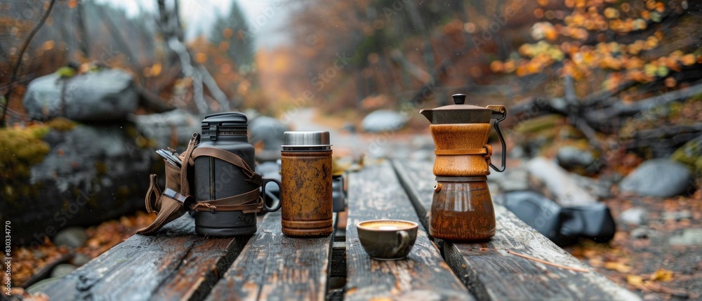 Fototapeta premium On a worn wooden bench, a traveler unpacks their trusty coffee kit