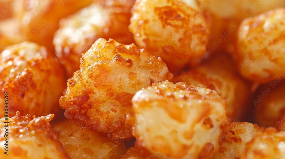 A tater tots close up, food design, dynamic, dramatic compositions, with copy space.