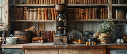 Nestled amongst shelves of worn leather-bound books, a vintage coffee grinder stands sentinel on a cluttered kitchen counter