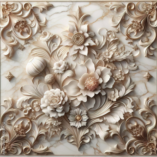panel wall art, marble background with flower designs, wall decoration © lali