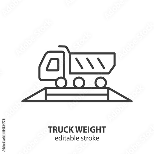 Truck weight line icon. Weighbridge vector symbol. Editable stroke.