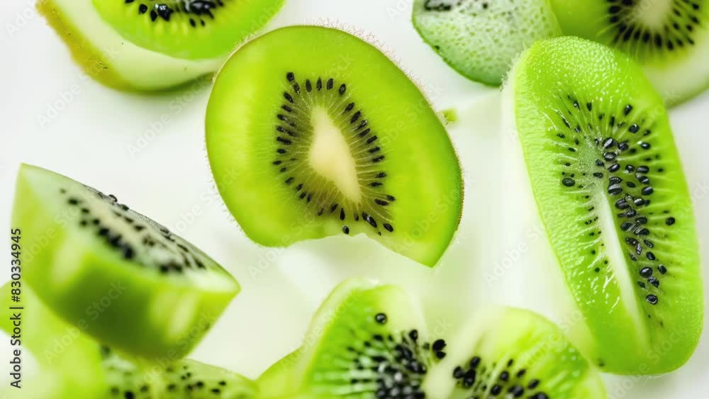 Super Slow Motion of Flying Kiwi Slices. Kiwi fruit levitating on a white background
