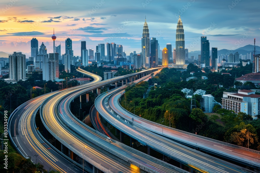 Fototapeta premium Low angle curvy flyover highway moving forward road with kuala lumpur cityscape evening scene view.