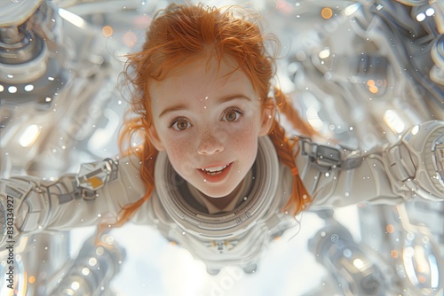 Joyful Red-Haired Child in Sci-Fi Playland: Intriguing High-Resolution Digital Art photo