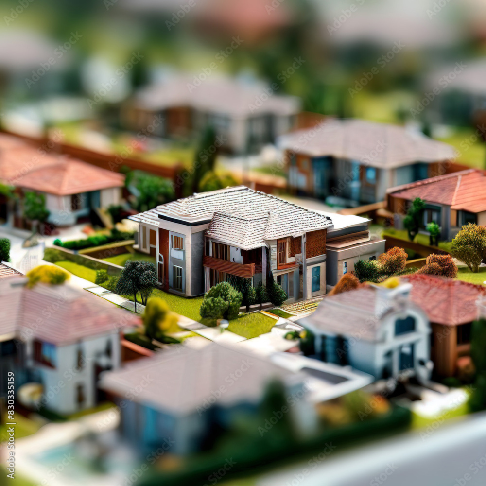 Modern generic contemporary style miniature model of villa house neighborhood with tilt-shift focus technique Modern generic contemporary style miniature model of villa house neighborhood with tilt-shift focus technique