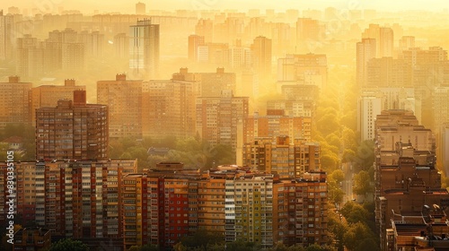 Majestic cityscape with towering skyscrapers reflecting the radiant golden hues of the setting sun