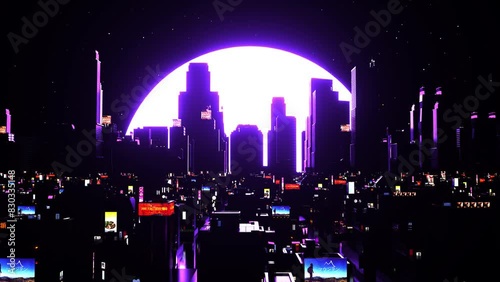 Purple sun lighting a futuristic City. Animated background for youtube, zoom, twitch, vtuber (ID: 830335148)
