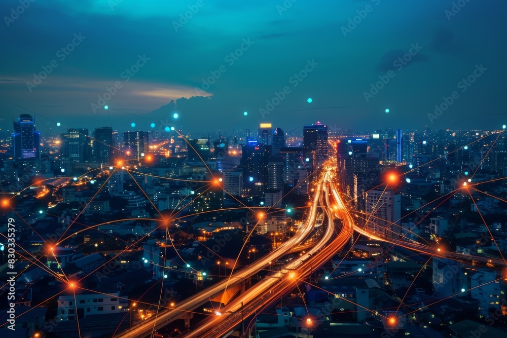 Fototapeta premium Smart city and communication network concept. 5G. IoT (Internet of Things). Telecommunication. 