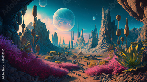 Human colony on unknown planet  surreal mystical fantasy artwork