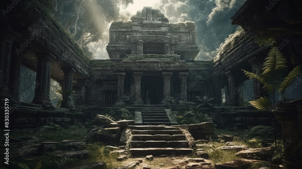 Ancient temple in dark jungle, old ruins in fantasy tropical forest ...