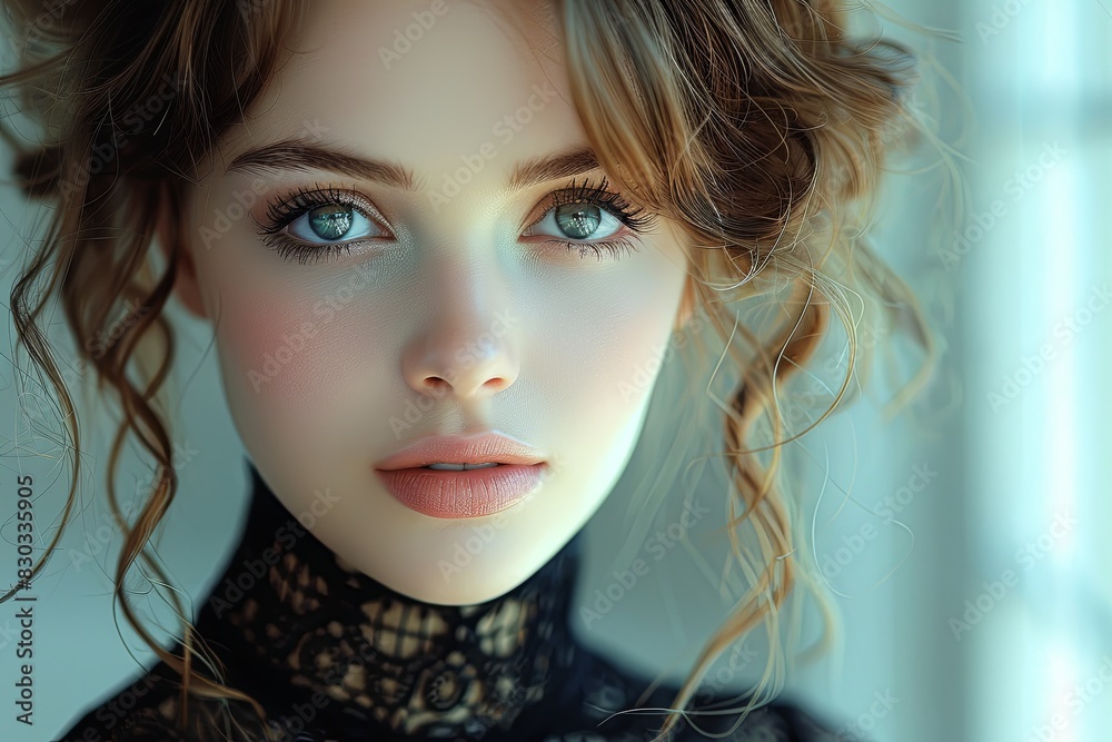 Naklejka premium Mesmerizing Portrait: Pensive Woman in Elegant Attire with Distinctive Eyes