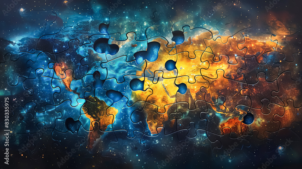 Obraz premium A jigsaw puzzle of the world is on a table with pieces scattered around it. The puzzle is incomplete, and the pieces are of different shapes and sizes. Concept of curiosity and exploration