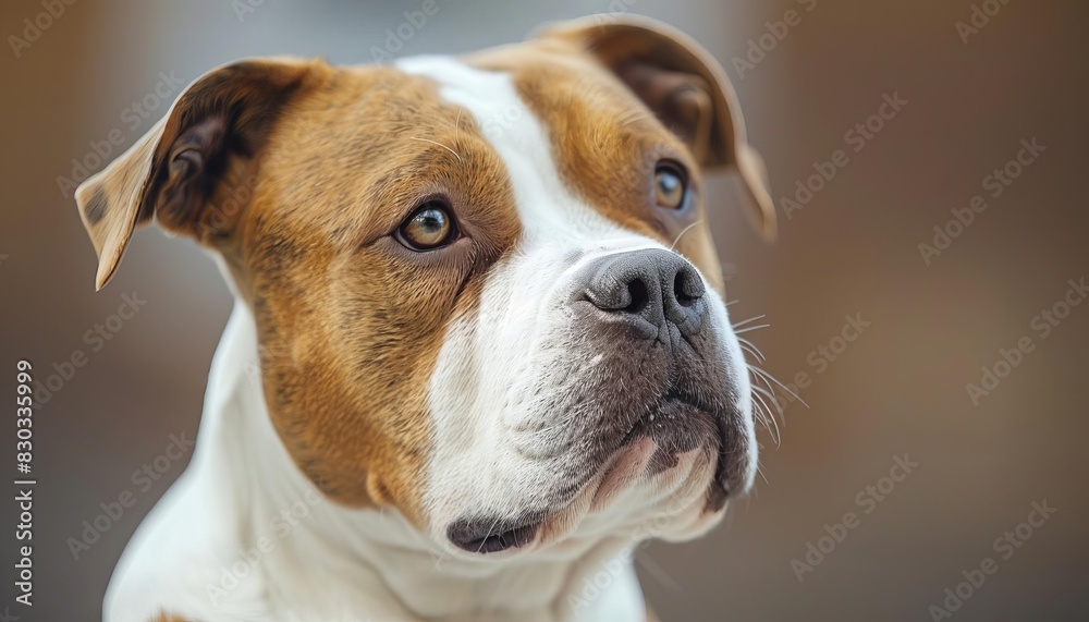 A closeup of an American Bulldog with a gentle and loyal expression, sitting calmly with a slight head tilt, showcasing its distinctive jawline