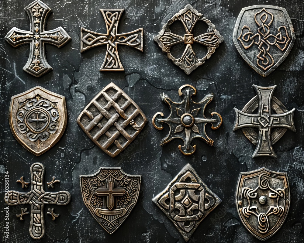 A collection of Celtic crosses and shields, each adorned with traditional geometric patterns, presented on a stark black background A collection of Celtic crosses and shields, each adorned with traditional geometric patterns, presented on a stark black background
