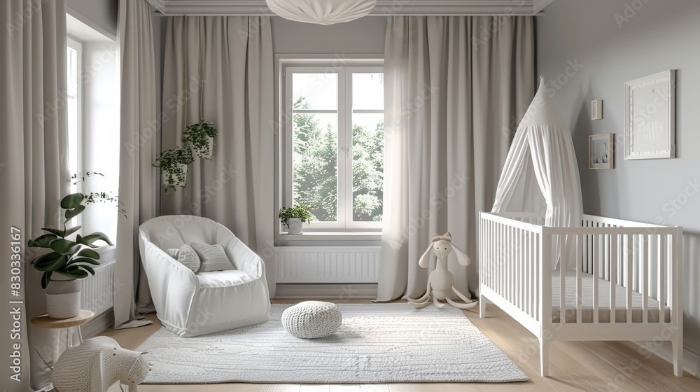 A simple yet sophisticated nursery with soft grey walls, a white crib and minimal decorations. A simple yet sophisticated nursery with soft grey walls, a white crib and minimal decorations.