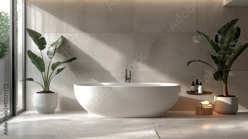 A serene bathroom with minimal fixtures  featuring a freestanding white tub and walls clad in light grey tiles.