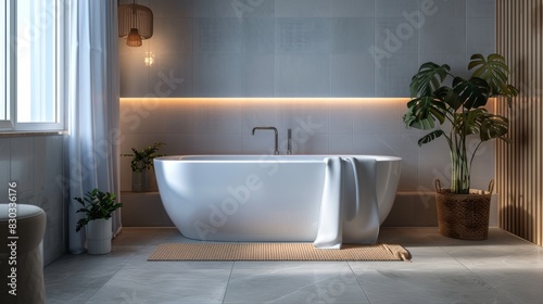 A serene bathroom with minimal fixtures  featuring a freestanding white tub and walls clad in light grey tiles.