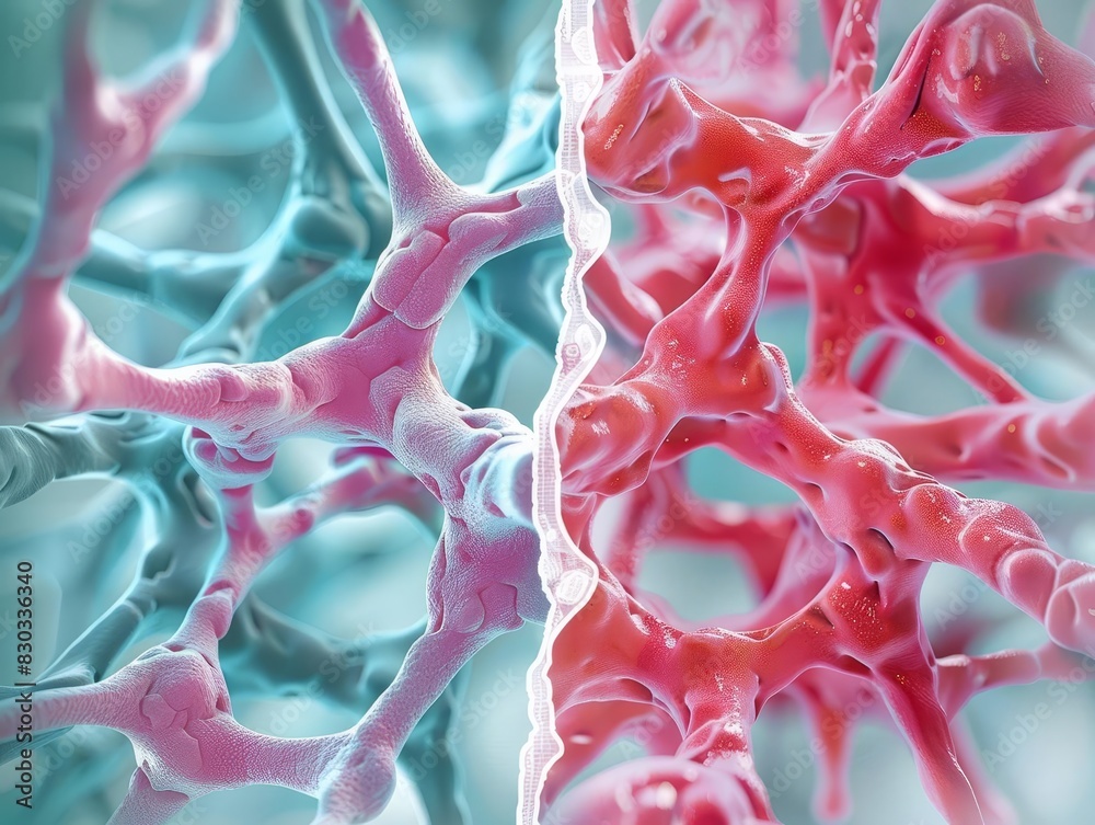 A conceptual image showing the comparison between healthy and diseased bone marrow, with sidebyside depictions to illustrate differences in cell density and color A conceptual image showing the comparison between healthy and diseased bone marrow, with sidebyside depictions to illustrate differences in cell density and color