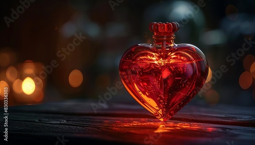 A conceptual image of a heartshaped bottle filled with vibrant red venom, symbolizing danger and betrayal, set against a dimly lit background