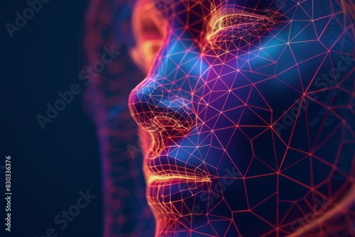 A close up of a person's face with a glowing wireframe