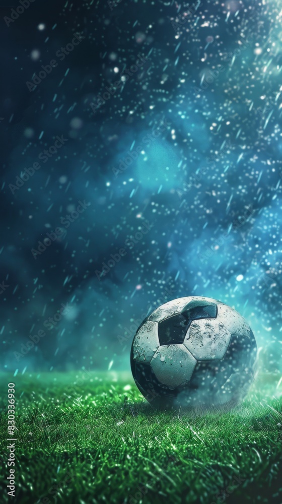 Fototapeta premium Soccer ball sitting on the grass in the rain, sport background