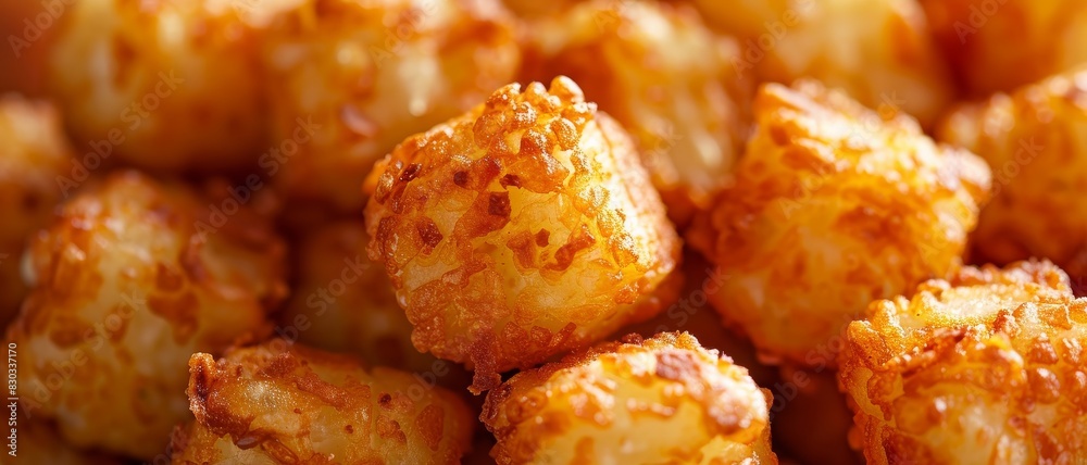 A tater tots close up, food design, dynamic, dramatic compositions, with copy space. A tater tots close up, food design, dynamic, dramatic compositions, with copy space.