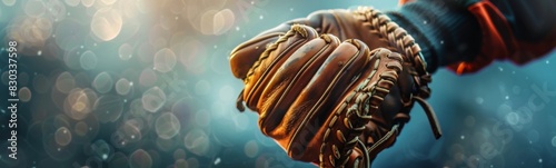 Baseball glove that is in the air, sport background photo