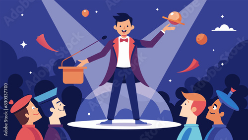 A student showcased their impressive magic skills leaving the audience in awe with mindbending illusions and sleight of hand tricks.. Vector illustration