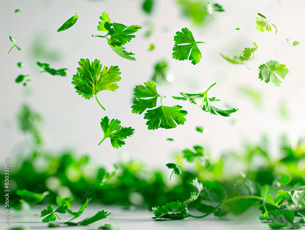 Obraz premium photography of CILANTRO falling from the sky, hyperpop colour scheme. glossy, white background Parsley isolated on white background, clipping path, full depth of field
