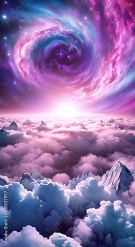 Cosmic fantasy landscape with clouds, galaxies and mountains, colorful vertical loop backgrounds