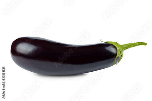 One fresh raw healthy eggplant or aubergine vegetable isolated on white, transparent background. Food ingredient, vegetatian cuisine, organic greenhouse farm plant photo