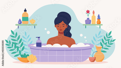 A woman taking a relaxing bath with essential oils practicing selfcare and rejuvenating her mind and body.. Vector illustration