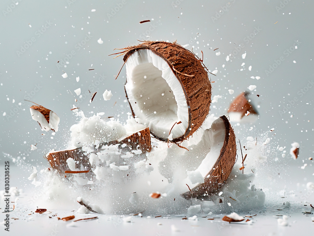 photography of COCONUT falling from the sky, hyperpop colour scheme. glossy, white background Coconut isolated set. Collection of whole coconut, half coconut and piece of coconut isolated photography of COCONUT falling from the sky, hyperpop colour scheme. glossy, white background Coconut isolated set. Collection of whole coconut, half coconut and piece of coconut isolated