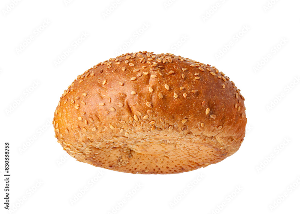 One fresh burger bun with sesame seeds isolated on white One fresh burger bun with sesame seeds isolated on white