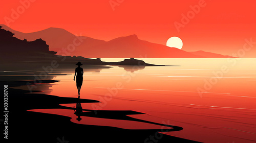 Minimalist Art of a Woman Walking Along The Shore of a Beach During a Sunset © Adam