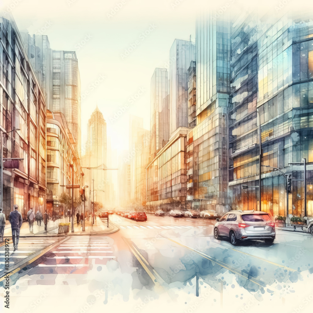 Obraz premium Modern city street, watercolor painting