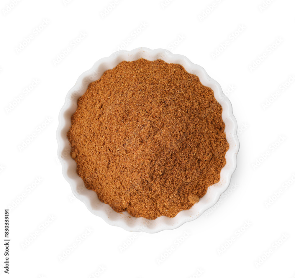 Aromatic spice. Ground red pepper in bowl isolated on white, top view Aromatic spice. Ground red pepper in bowl isolated on white, top view