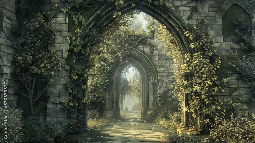 Ancient Ruins with Ivy-Covered Arches in Serene Forest