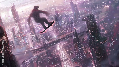 Futuristic Cityscape with Hoverboard Rider at Sunset