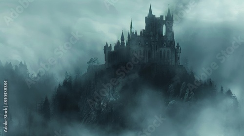 Mysterious Castle Shrouded in Mist on a Hilltop