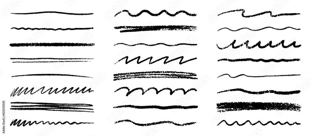 Chalk lines, charcoal highlight strokes doodle set. Pencil underlines, kids crayon strips, brush line in sketch style. Grunge texture. Hand drawn vector illustration isolated on white background