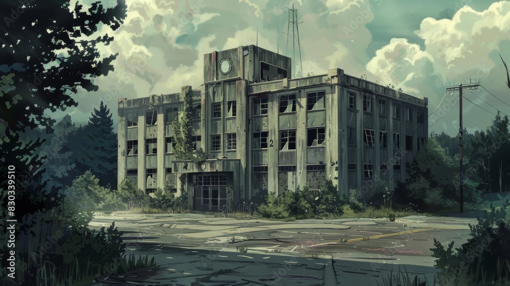 Abandoned Building in Overgrown Landscape with Cloudy Sky