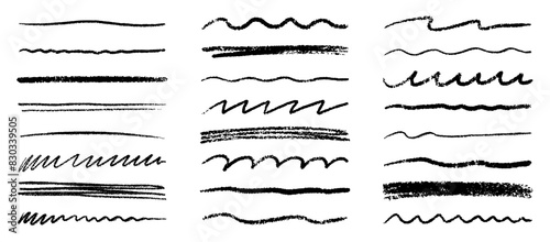 Chalk lines, charcoal highlight strokes doodle set. Pencil underlines, kids crayon strips, brush line in sketch style. Grunge texture. Hand drawn vector illustration isolated on white background