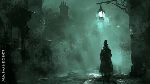 Mysterious Silhouette in Foggy Victorian Street