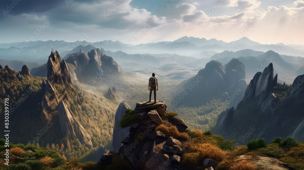 Hiker man standing on the edge of a cliff, with sweeping view of mountain range and valley below