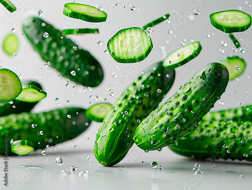 photography of CUCUMBERS falling from the sky, hyperpop colour scheme. glossy, white background