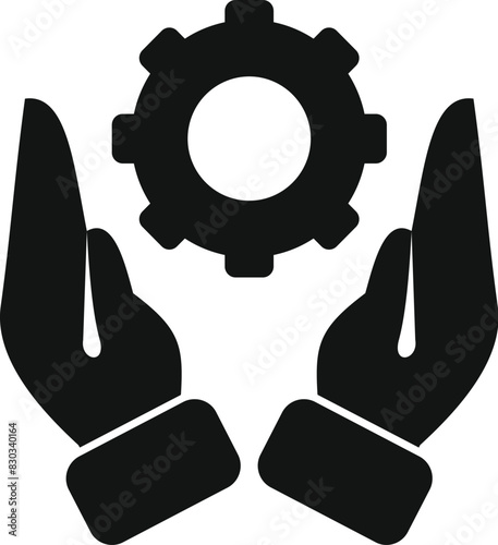Closeup of human hands holding a black and white gear icon symbolizing support, maintenance, and care in the engineering and mechanical industry