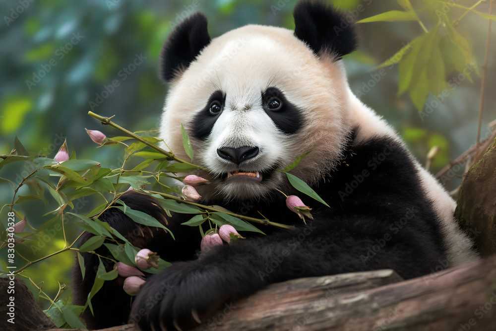 Naklejka premium Cute adorable kawaii panda living in the bamboo forest