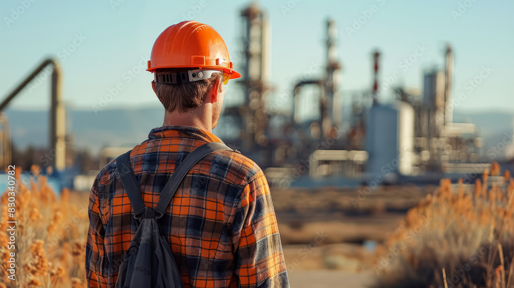 A man in an orange hard hat stands in front of a large industrial plant. Concept of industrial activity and the importance of safety in such environments A man in an orange hard hat stands in front of a large industrial plant. Concept of industrial activity and the importance of safety in such environments
